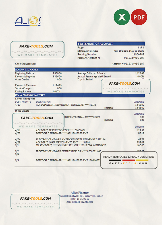 Gabon Alios Finance bank statement Excel and PDF template scan effect