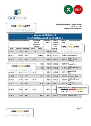Gabon BGFI bank statement Excel and PDF template