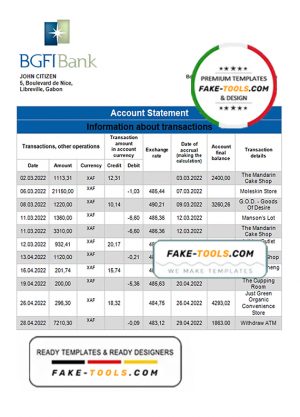 Gabon BGFI bank statement template in Word and PDF format