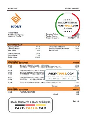 Gambia Access bank statement template in Word and PDF format