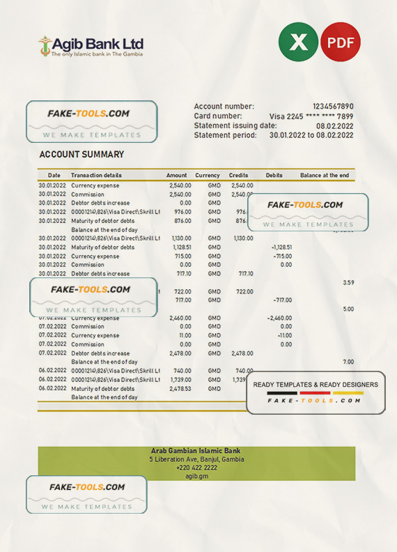Gambia Arab Gambian Islamic bank statement Excel and PDF template scan effect