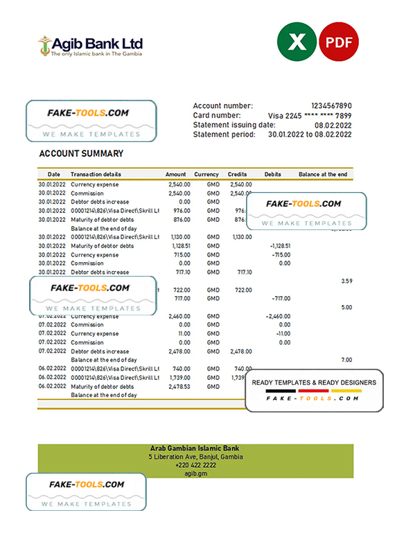 Gambia Arab Gambian Islamic bank statement Excel and PDF template
