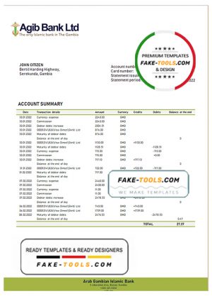 Gambia Arab Gambian Islamic bank statement template in Word and PDF format