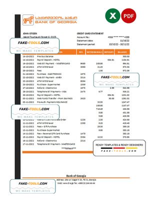 Georgia Bank of Georgia statement Excel and PDF template
