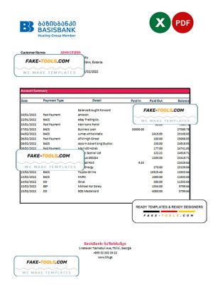 Georgia Basis Bank statement Excel and PDF template