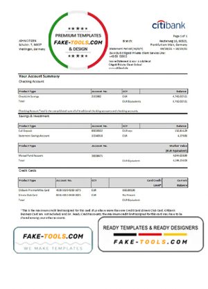 Germany Citibank bank account statement template in Excel and PDF format