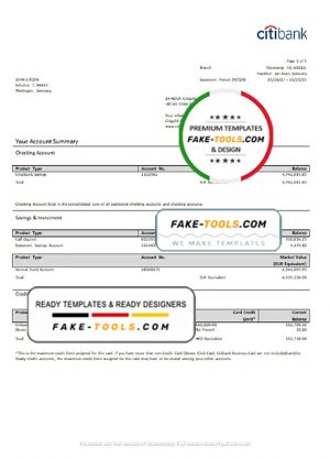 Germany Citibank bank account statement template in Word and PDF format