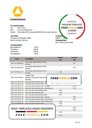 Germany Commerzbank bank statement template in Word and PDF format