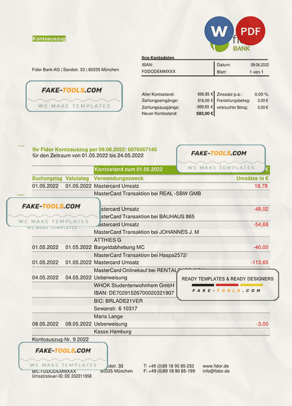 Germany Fidor bank statement, Word and PDF template scan effect