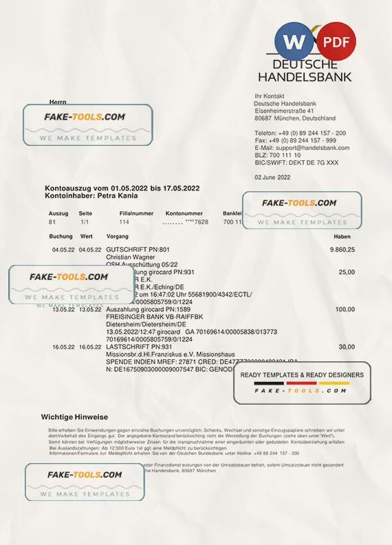 Germany Handelsbank bank statement, Word and PDF template scan effect