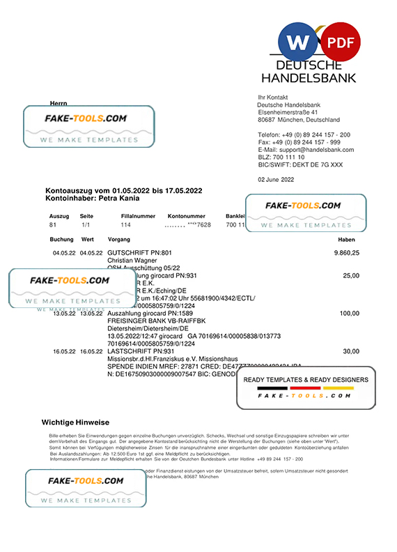 Germany Handelsbank bank statement, Word and PDF template