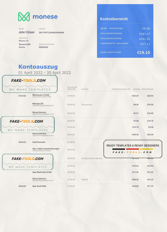 Germany Monese bank statement, Word and PDF template, 3 pages scan effect