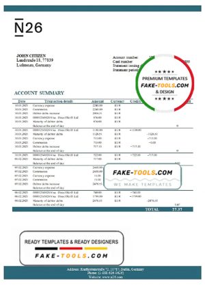 Germany N26 bank statement template in Excel and PDF format
