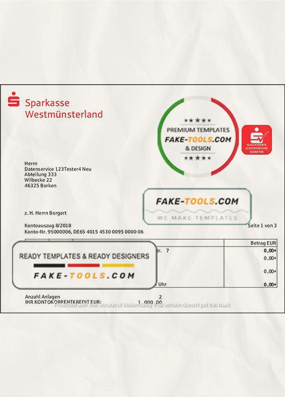 Germany Sparkasse Westmunsterland proof of address bank statement template in Word and PDF format scan effect