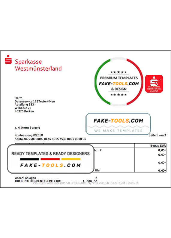 Germany Sparkasse Westmunsterland proof of address bank statement template in Word and PDF format