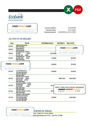 Ghana Ecobank bank statement Excel and PDF template