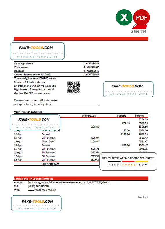 Ghana Zenith bank statement Excel and PDF template