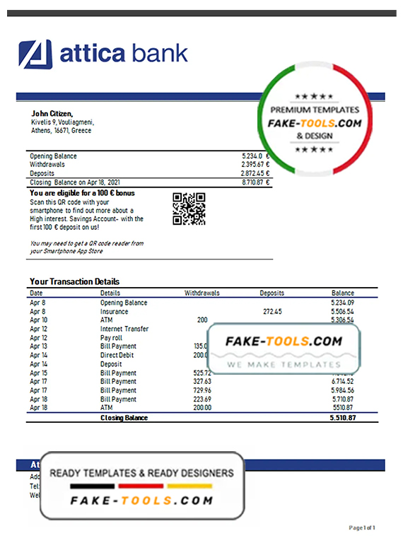 Greece Attica proof of address bank statement template in Word and PDF format, .doc and .pdf format