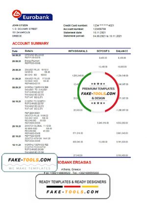 Greece Eurobank Ergasias bank statement easy to fill template in Excel and PDF format