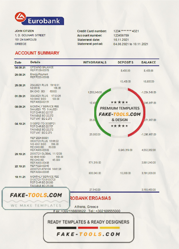 Greece Eurobank Ergasias bank statement easy to fill template in Excel and PDF format scan effect