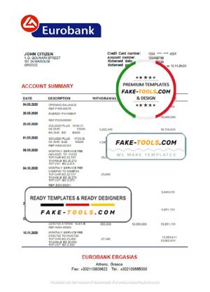 Greece Eurobank Ergasias proof of address bank statement template in Word and PDF format, .doc and .pdf format