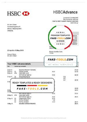 Greece HSBC bank proof of address statement template in Word and PDF format, .doc and .pdf format