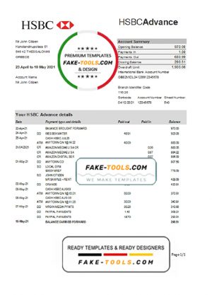 Greece HSBC bank statement easy to fill template in Excel and PDF format