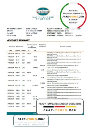 Greece National Bank of Greece bank statement template in .xls and .pdf file format