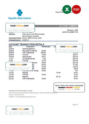 Grenada Republic bank statement Excel and PDF template Grenada Republic bank statement Excel and PDF template