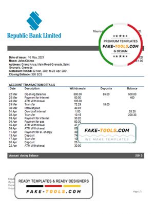 Grenada Republic bank statement template in Word and PDF format Grenada Republic bank statement template in Word and PDF format