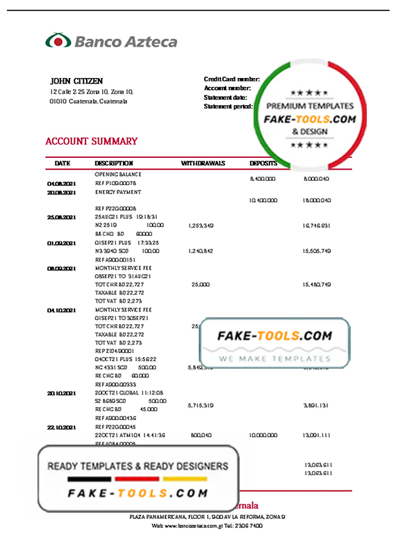 Guatemala Azteca proof of address bank statement template in Word and PDF format (.doc and
