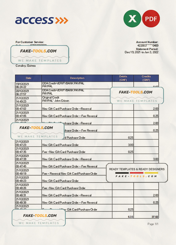Guinea Access bank statement Excel and PDF template scan effect