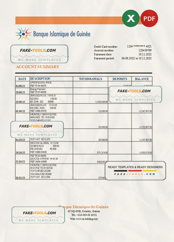 Guinea Banque Islamique de Guinée bank statement Excel and PDF template scan effect