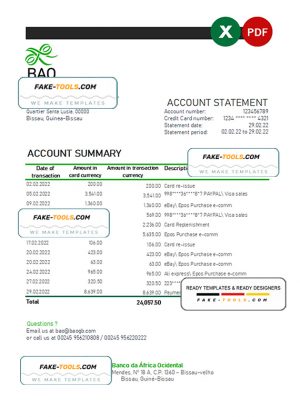 Guinea-Bissau Banco da Africa Ocidental bank statement Excel and PDF template