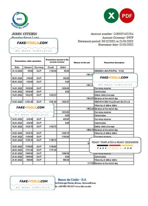 Guinea-Bissau Banco da Uniao bank statement Excel and PDF template Guinea-Bissau Banco da Uniao bank statement Excel and PDF template