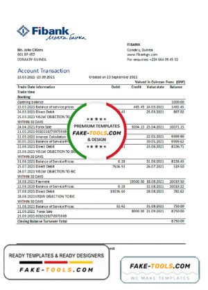 Guinea Fibank bank statement template in .xls and .pdf file format