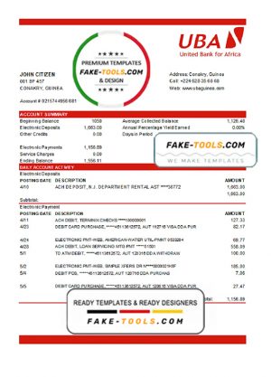 Guinea UBA Bank statement template in Excel and PDF format