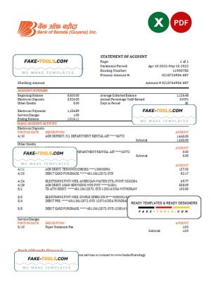 Guyana Bank of Baroda bank statement Excel and PDF template Guyana Bank of Baroda bank statement Excel and PDF template