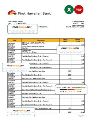 Hawaii First Hawaiian Bank statement Excel and PDF template Hawaii First Hawaiian Bank statement Excel and PDF template