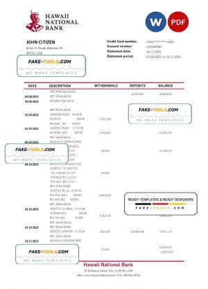 Hawaii Hawaii National Bank statement Word and PDF template Hawaii Hawaii National Bank statement Word and PDF template