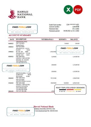 Hawaii National Bank statement Excel and PDF template Hawaii National Bank statement Excel and PDF template
