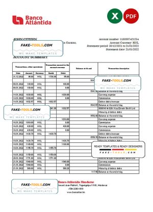 Honduras Banco Atlantida statement Excel and PDF template Honduras Banco Atlantida statement Excel and PDF template