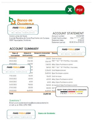Honduras Banco de Occidente statement Excel and PDF template