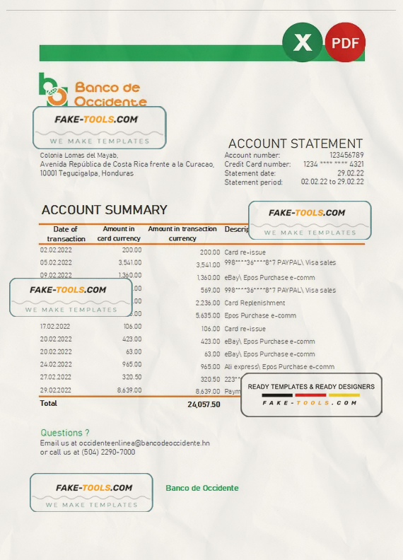 Honduras Banco de Occidente statement Excel and PDF template scan effect
