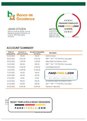 Honduras Banco de Occidente Bank statement template in Word and PDF format Honduras Banco de Occidente Bank statement template in Word and PDF format