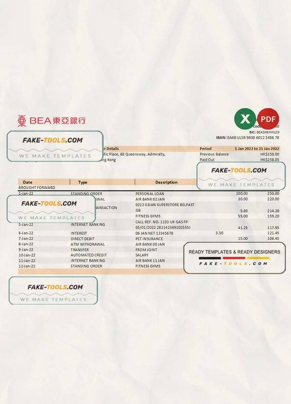 Hong Kong BEA bank statement Excel and PDF template scan effect