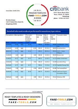 Hong Kong Citibank proof of address bank statement template in Excel and PDF format