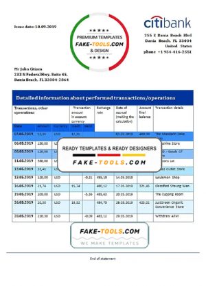 Hong Kong Citibank proof of address bank statement template in Word and PDF format