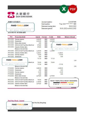 Hong Kong DAH Sing bank statement Excel and PDF template