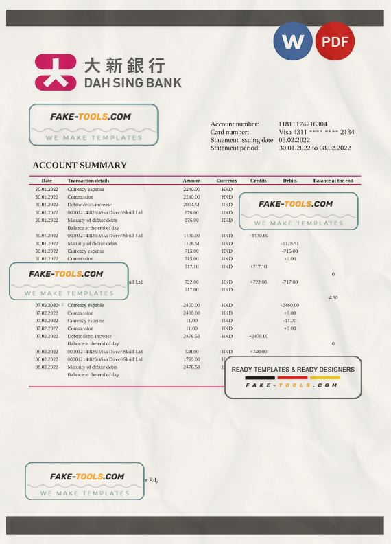 Hong Kong DAH Sing Bank statement Word and PDF template scan effect